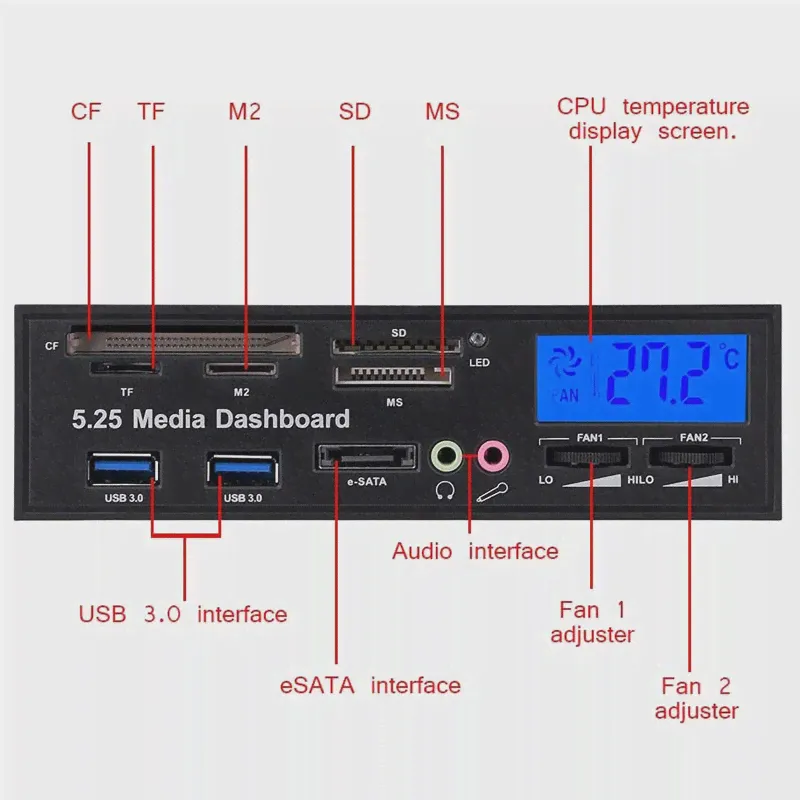 5,25 медиа приборная панель многофункциональный USB 2,0 SD,CF,MS,XD TF M2 кардридер передняя панель с аудио eSATA,USB3.0, контроллер скорости вентилятора (art.: 3920b4260e016)-2